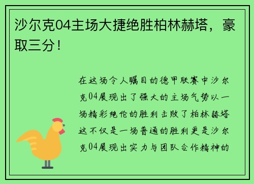 沙尔克04主场大捷绝胜柏林赫塔，豪取三分！