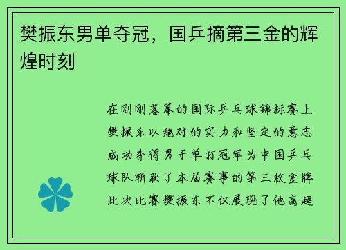 樊振东男单夺冠，国乒摘第三金的辉煌时刻