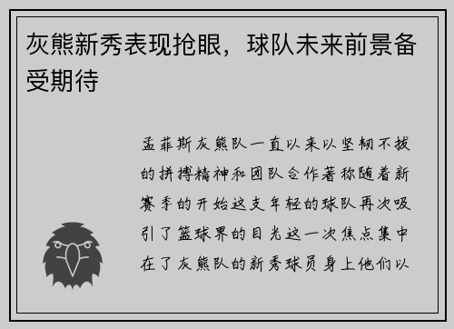 灰熊新秀表现抢眼，球队未来前景备受期待