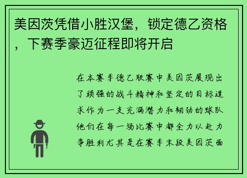 美因茨凭借小胜汉堡，锁定德乙资格，下赛季豪迈征程即将开启